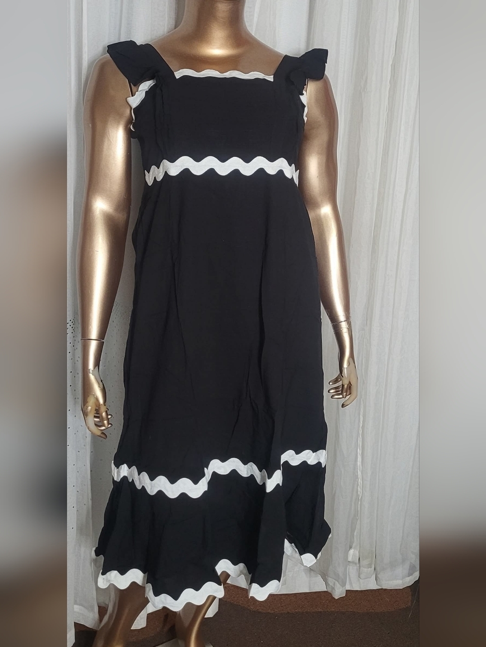 Black Maxi Dress with White Scallop Trim - Sleeveless Ruffle Straps